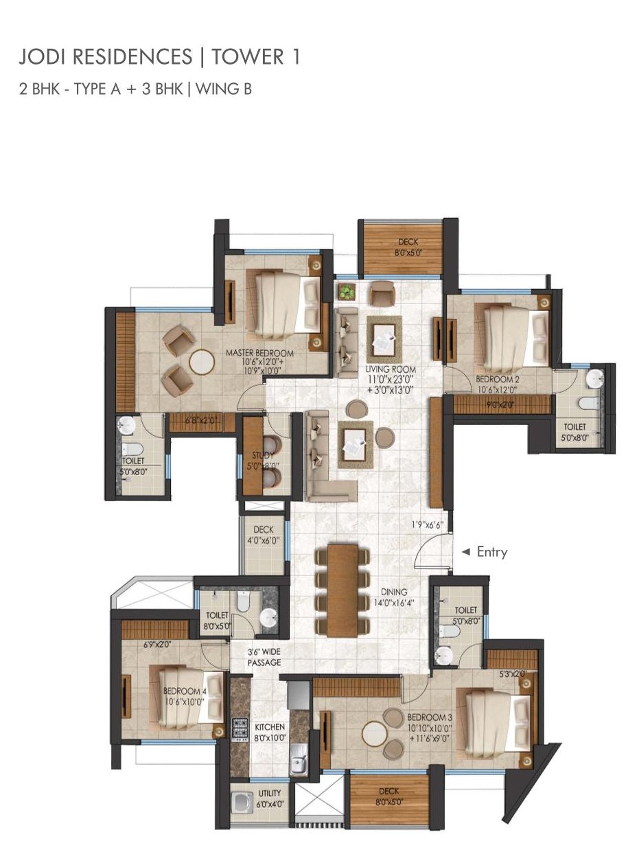 2+3 BHK Jodi Floor Plan